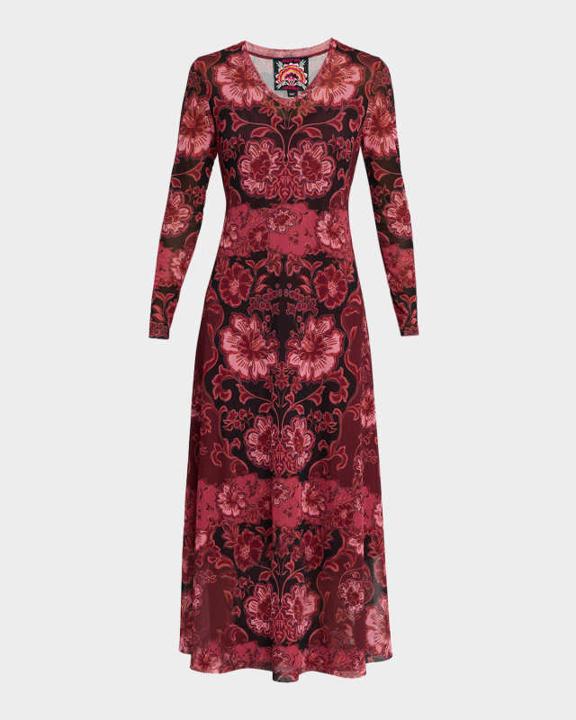 Floral-Print Mesh Midi Dress